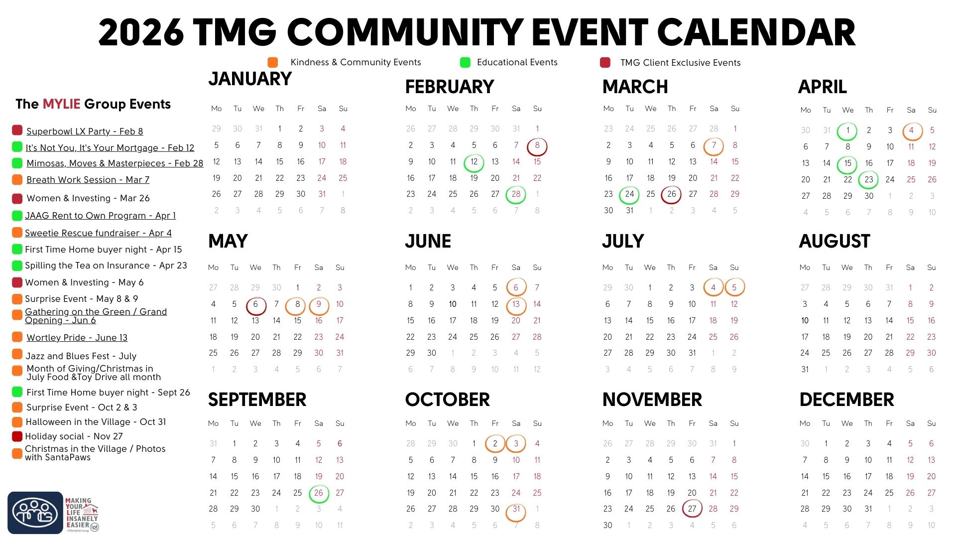 The MYLIE Group Community Events Calendar 2026